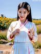 A woman in a white and blue hanbok standing in a field of flowers.