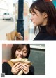 A woman eating a sandwich on a city street.