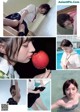 A collage of photos of a woman in a school uniform eating an apple.