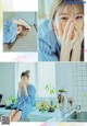 A collage of photos of a woman sitting at a kitchen counter.